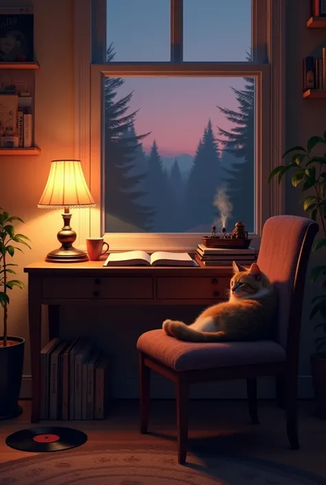 {
  "size": "1792x1024",
  "prompt": "A lo-fi style scene for a YouTube music background image, featuring a cozy room setting. The room in boy has warm, dim lighting with a soft, golden glow from a vintage lamp on a small wooden desk. A large window shows ...