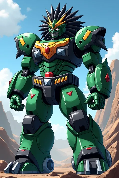 Draw Gao Lion from the series Hyakujuu Sentai Gaoranger. The giant lion should have a primary color of green and black for details like the mane and metallic parts. Ensure Gao Lion looks powerful and imposing, with clear and detailed lines to convey the gr...