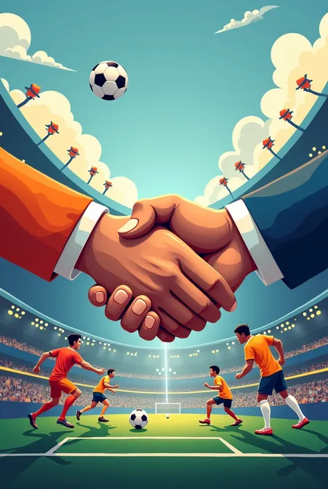 Create an image for the vision of a sports management company. That reflects collaboration, Innovation and success in the field of the most popular sports in the background and in front a few hands 🤝🏽
