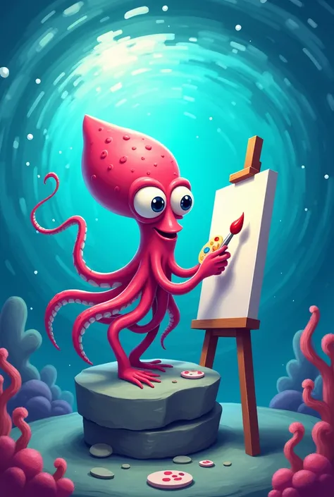 A 3d cartoon squid with large cartoon eyes holding paint brushes and palette in front of a blank canvas on a rock in the middle of a whirlpool in the ocean