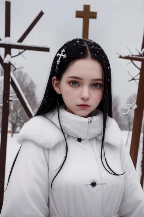 one female, teen, teenager(1.3),  pale , black hair , evil, detailed face, angelical face, small breasts, dresing with christian cross symbol , full body, background in snow in prussia