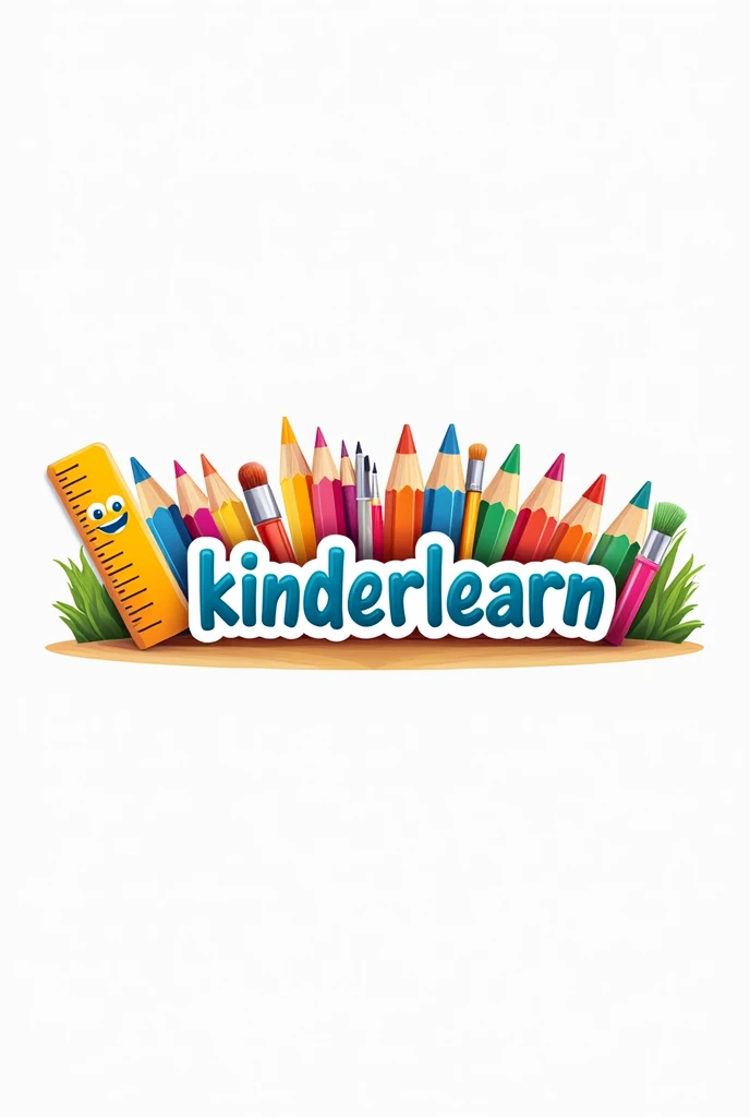 A logo of school supplies for kindergarten that has a title "kinderlearn", and the format is landscape with white background color 
