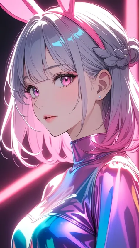 One girl, Medium Hair,  silver hair, Pink long dress, pink Bunny ears , She has large expressive pink eyes,Backlight, Black Light, Beautiful fine details, Beautiful lip detail, Beautifully detailed face, Long eyelashes, Glowing Skin, Mysterious, Mysterious...