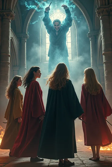 4 female friends in Hogwarts in different houses fighting with the villain 