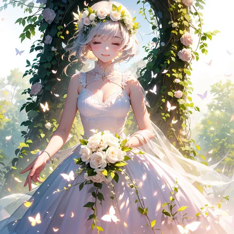 (masterpiece、Best Quality、Best Quality、Beautiful and beautiful:1.2)、(Excellent anatomy:1.5)、Milky white straight hair girl、Butterfly Fairy、Floral Costume、A radiant smile、I bow my head, close my eyes and pray、Flowers and leaves on head、Holding a bouquet、Ros...