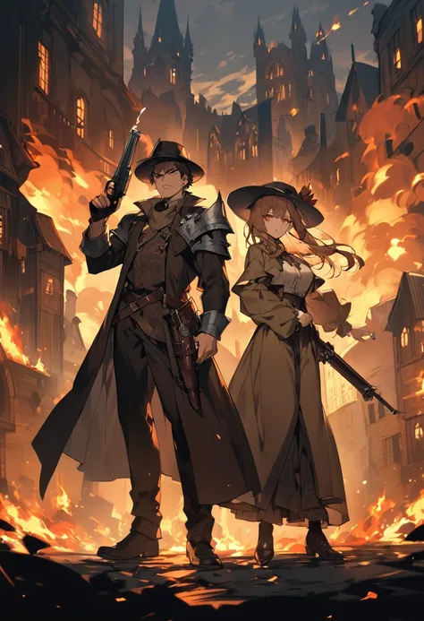 
a man and a woman, with a lit cigarette in his mouth, in a cowboy outfit, with a brown and black hat, with a medieval pistol in his left hand, with a serious expression, with a background of a medieval city on fire, ( (full body))