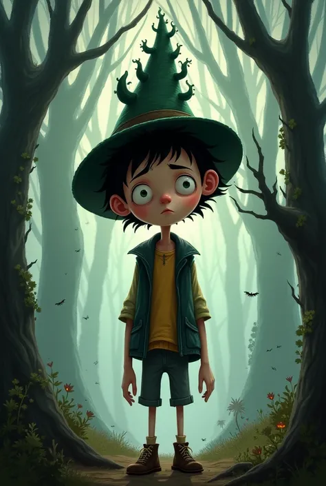 Crea una imagen de de Dipper de Gravity falls al estilo de Tim Burton 