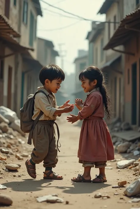 A poor boy playing with his sister wearing ragged clothes on a dirty street.