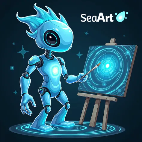 Design a unique cartoon mascot character named &quot;ArtWave&quot;，Represents a futuristic AI art platform called &quot;SeaArt&quot;。The character has a flowing liquid body made of holographic light waves，A fusion of organic and mechanical elements，Resembl...