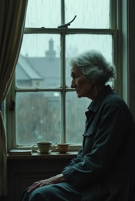 An old british women in sad and despair looking at the rain through window
