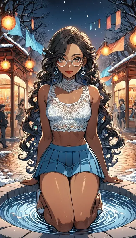 Trans woman, very short mini skirt, pleated, lace top, genderbend, curly long hair, black hair, male to female, detailed face, beautiful detailed brown eyes, eye glasses, beautiful detailed lips, silver earrings, white high sandals, brown skin, anatomicall...