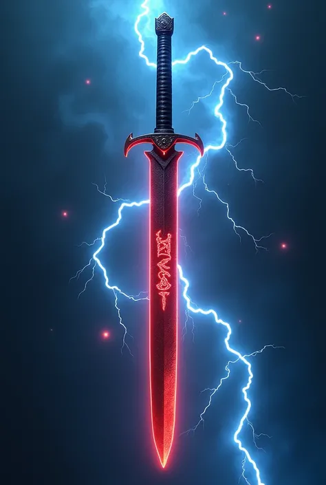 A black shine red sword around the blue shining lightning and "shuvo" in englis written on the sword like katana
