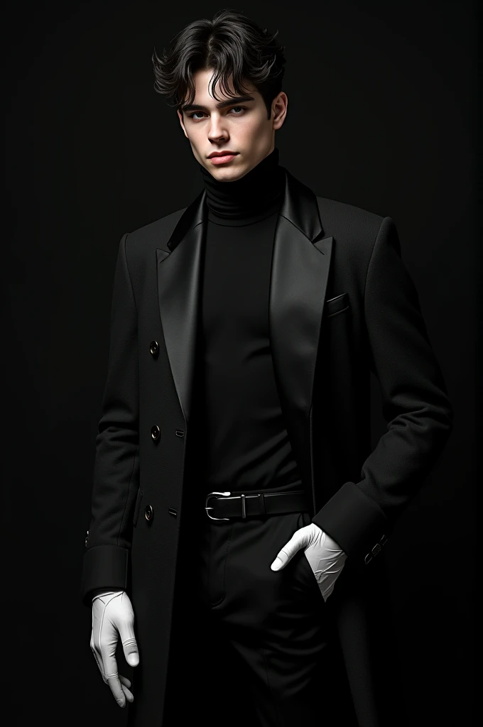 Teen boy wearing black turtle neck with black blazer and black trench coat with white gloves in hands