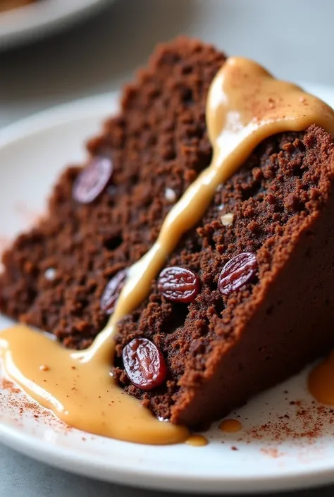 A cocoa raisin cake topped with a peanut butter sauce 