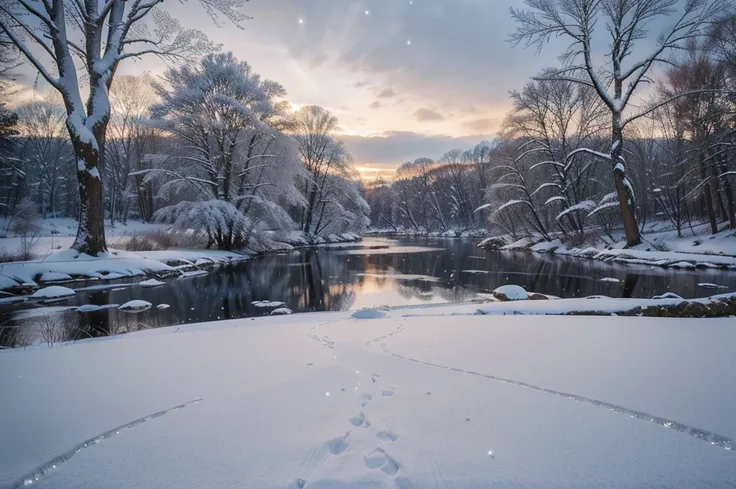 Generate a breathtaking, serene winter landscape that captures the quiet beauty of the season. The scene should feature snow-covered trees, their branches dusted with soft, powdery snow. A gentle stream or frozen lake reflects the pale winter sky, with sub...