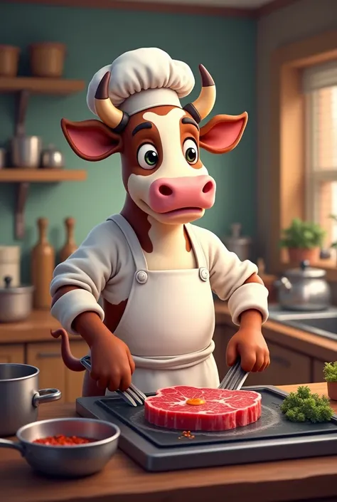 A cow is cooking a steak in the kitchen, she is wearing an apron