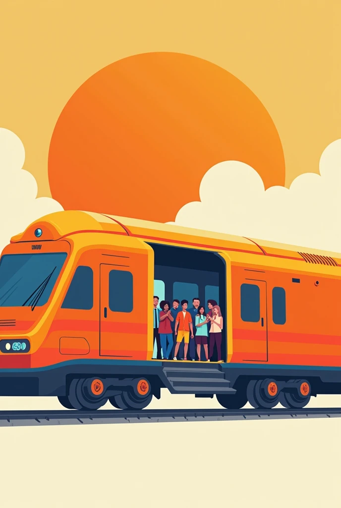 create an orange graphic train opening the entrance to welcome passengers, who are college students . show the large space insides the train. all the elements are graphic. the train is in the open space with an orange planet far away

