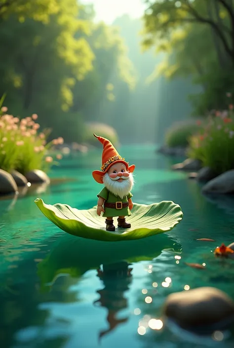 An adorable gnome, no larger than a human hand, floating serenely at the center of a gently flowing river. This whimsical creature is dressed in a vibrant outfit, with a pointed hat adorned with tiny flowers and a mischievous smile playing on its bearded f...