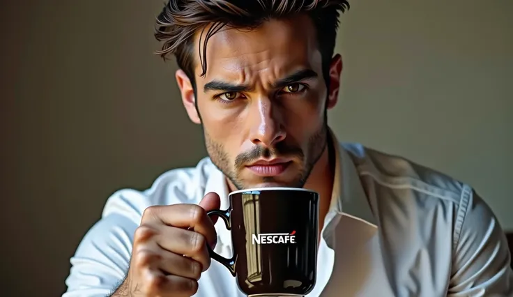 Picture of a handsome man drinking Nescafe. 