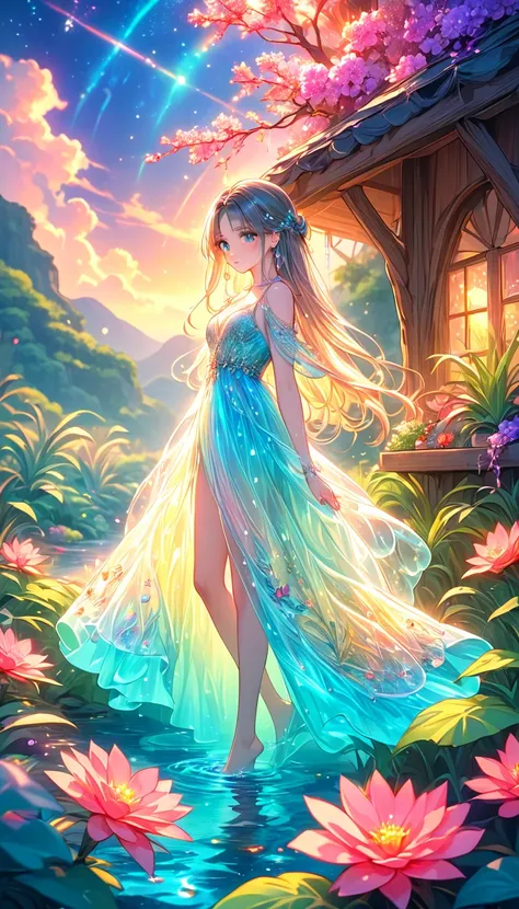 Anime Girl Beauty, ideal anatomy, Bright,  She is wearing a flowing, transparent light PASTEL gown that looks like its made of delicate glass or crystal, adorned with intricate floral patterns and luminous beads that catch the light, UNDER WATER, her hair ...