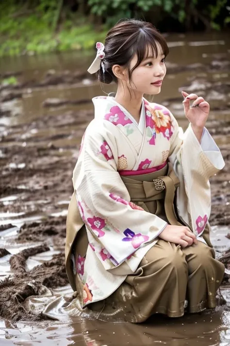 realistic, hakama, kimono, woman, furisode, clothes that stick to the skin, muddy clothes, clothes stained with mud, immersed in muddy water, buried in mud, clothes with lots of mud, woman immersed in muddy water, clothes with mud all over the body, woman ...