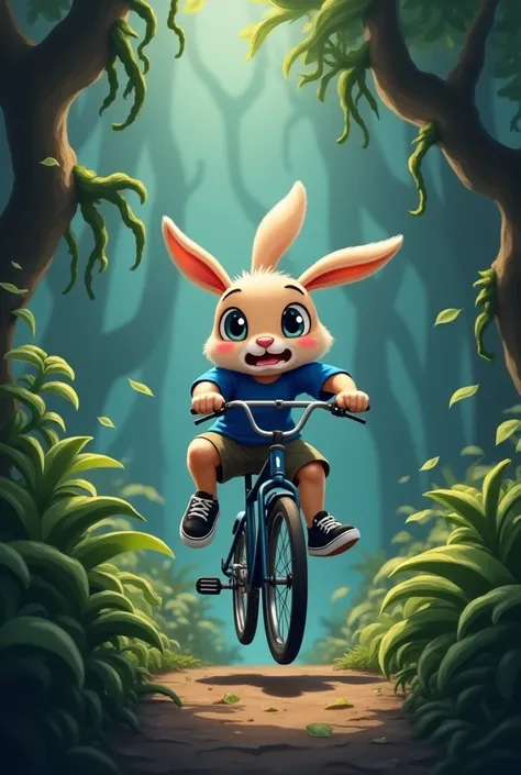 *Scene 3: Falling off Bicycle*
"A cartoon cute Rabbit character with round face and beautiful eyes, wearing royal blue colour t-shirt and black sneakers, falling off a bicycle in a dark jungle, with branches and leaves scattered around."
