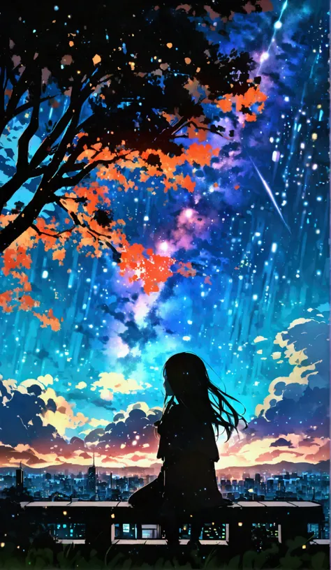 Octane, null, star (null), landscape, starry null, night, Only child, night null, Alone, Outdoor, signature, building, cloud, milky way, Sitting, tree, Long Hair, city, silhouette, cityscape