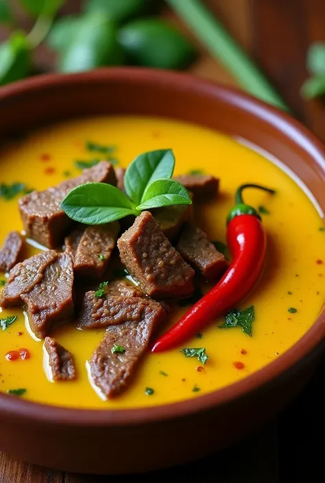 Gulai daging nipis warna kuning ada sebatang cili padi warna merah 