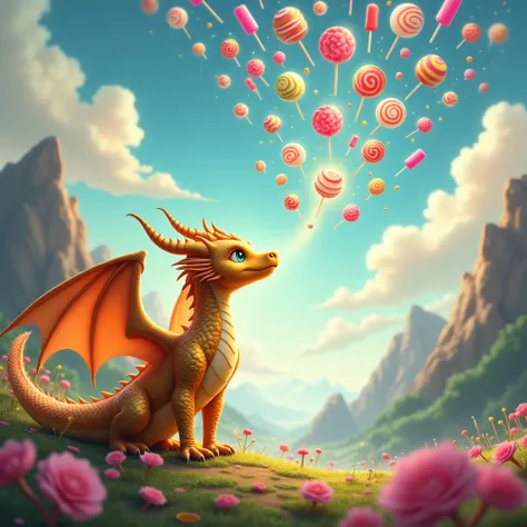 A golden dragon in a fantasy world looks up at the sky and sees lots of candy below