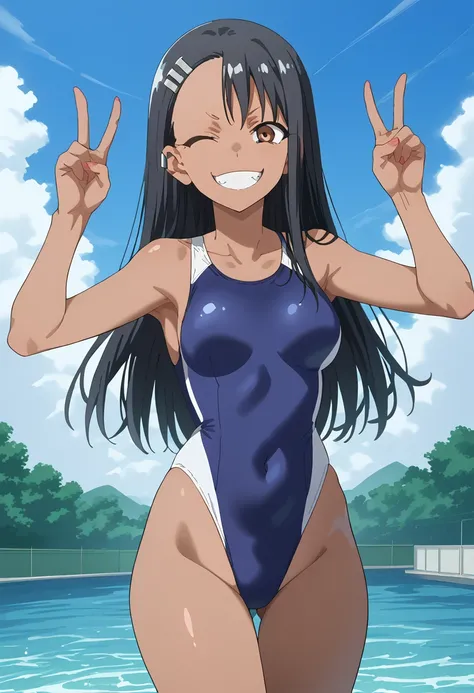 score_9, score_8_up, score_7_up, masterpiece, best quality,nagatoro hayase(ijiranaide nagatoro-San),1girl,asymmetrical bangs,black hair,blue one-piece swimsuit,blue sky,breasts,brown eyes,cloud,competition swimsuit, dark-skinned female,dark skin, day,grin,...