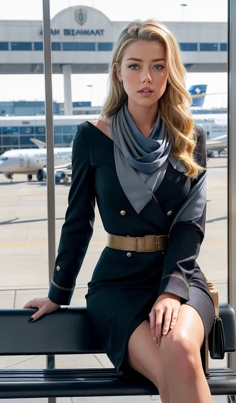 AMBER HEARD (BLONDE beauty), (BLONDE beauty, Create a 3D image, Beautiful flight attendant by profession: Brown hair, Black dress uniform with grey belt and navy blue scarf, sitting on the benches in the terminal in the foreground, the airport terminal in ...