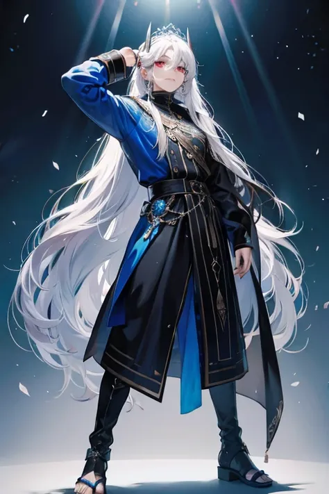 man with long white hair with braid in black tiara on forehead with horn blue clothes blue sandals and black capra with blue details on top, thin face and red eyes wearing a black mask with details.