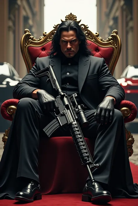  A man his hair are black and he was sit on king sit his back many defferent guns and he was put a M4A1 his background are many luxury suv cars  desktop wallpaper 