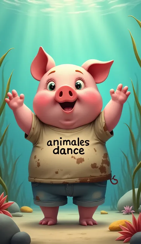 cute pig, cartoon , arms, hands ,cute eyes, looking at viewer, arms up, sea, sea grass, cute, effects, dirty shirt, pants, clothes, big pig, write on shirt: "Animales Dance"