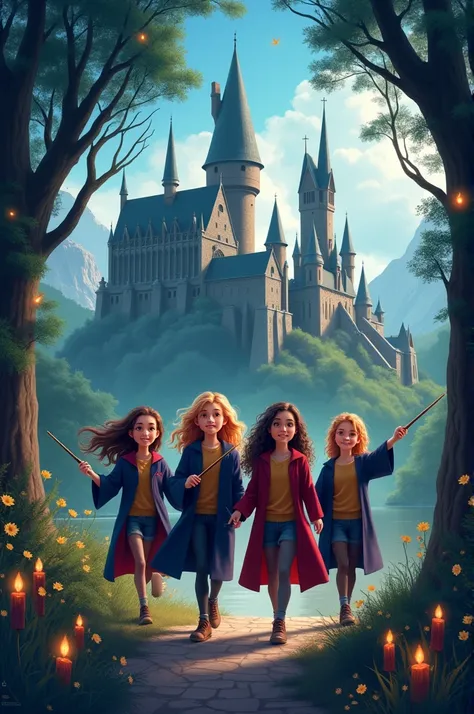 4 female friends in Hogwarts story book poster