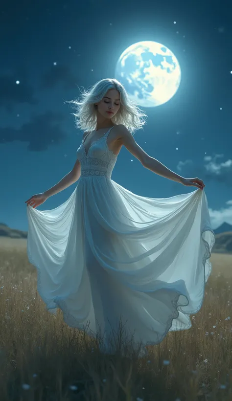 Under the full moon and stars、A woman with silvery medium-long hair is dancing ballet、Woman with beautiful face、Her long silver hair and white silk dress fluttering in the wind、The moonlight shines on her, creating a mysterious world of grasslands.