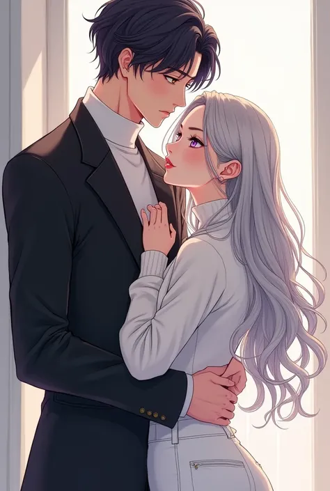 Draw me an HD manhwa character with a woman with long silver hair, purple eyes, white skin, 180 cm tall, wearing clothes with her lower body wearing white casual pants, and her upper body wearing a white high neck sweater. And a man with black hair, golden...