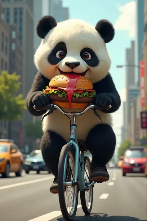 Panda eating burger while driving bike