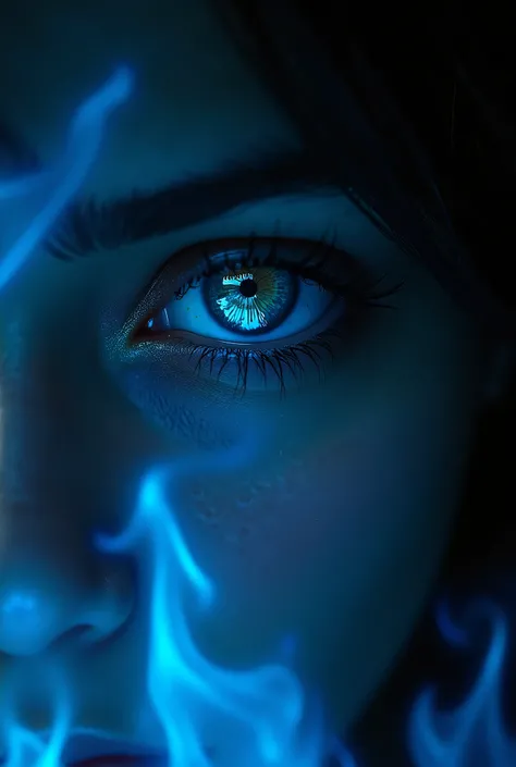 Close up. Zoom in Left eye staring at the camera with blue flames reflecting her iris.