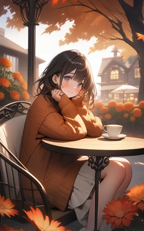 "Autumn Afternoon on the Cafe Terrace"
prompt: "Hyper-detailed nano-textured young woman in 8K resolution, showcasing intricate textures of a cozy oversized sweater and vibrant autumn-colored accessories. The scene features a charming outdoor cafe terrace ...