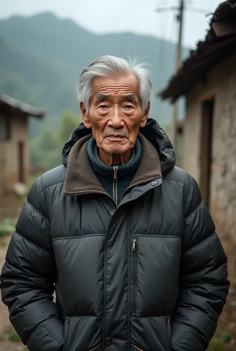 Rural old man clothing down jacket facing the camera Asian