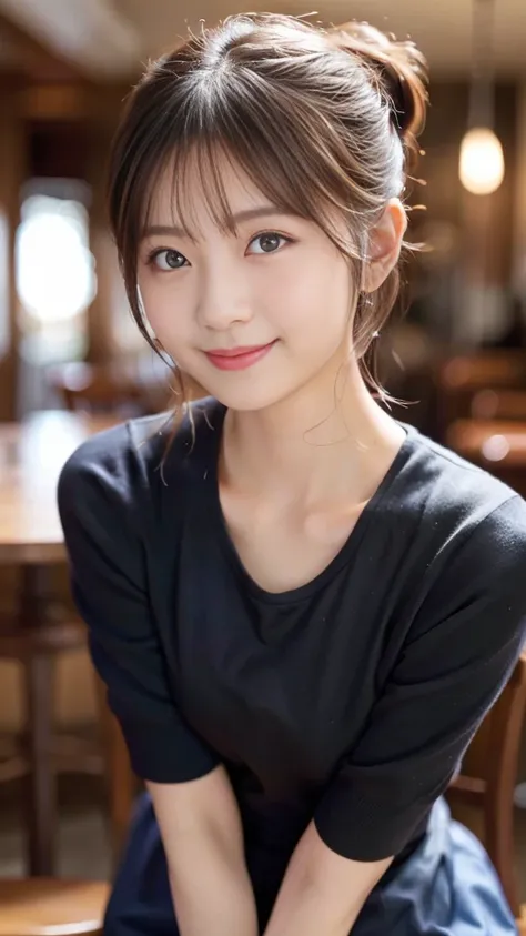 Best Quality, Realistic, Very detailed, finely, High resolution, 8K wallpaper, Cinema Lighting、1 person、cute Japanese girl、2、Black Ponytail、 (Blurred Background、noon、Cafe、Natural Light)、Sharp focus, Perfect dynamic composition, Narrow eyes:1.5, finelyて美しい目...