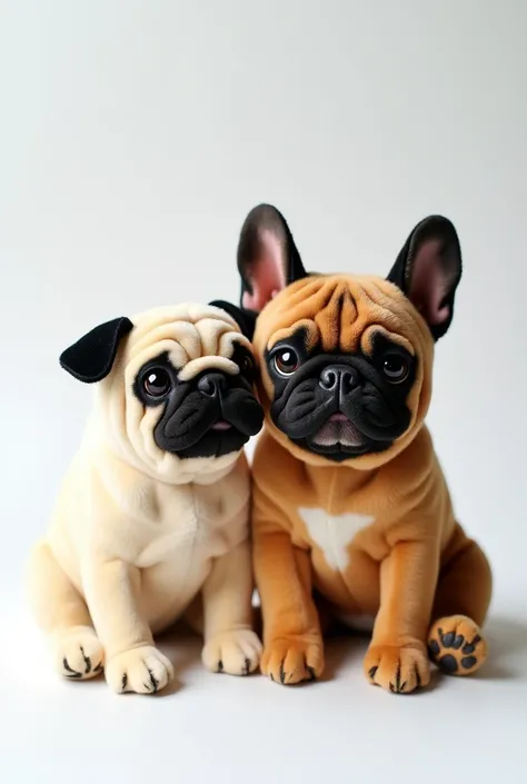 A photo of two stuffed animals. A pug and a French bulldog with a black muzzle and black ears and a brown body. white background
