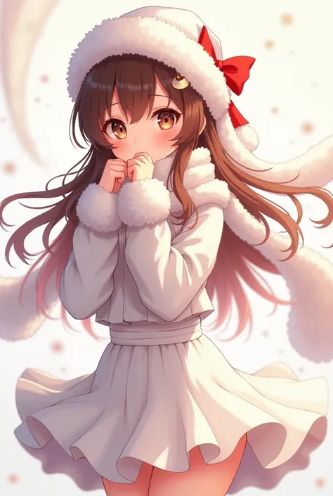 Anime, boy, feminine, cute, flat chest, white frilly blouse, thick white scarf, white high-waisted ruffled skirt, long brown hair, sidelocks, red hair ribbon, brown eyes, black leggings, white fur hat, fur knee boots, teenager