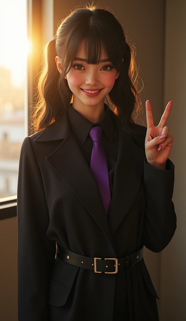 ((photorealism)), ((Best quality)), ((cinematic)), ((high resolution)),(Detailed), (UHD), (Accurate), young beautiful American woman, white skin, mild blush on, eyelashes, eyeliner, standing, v sign finger pose, smiling, show teeth, front view, black wavy ...