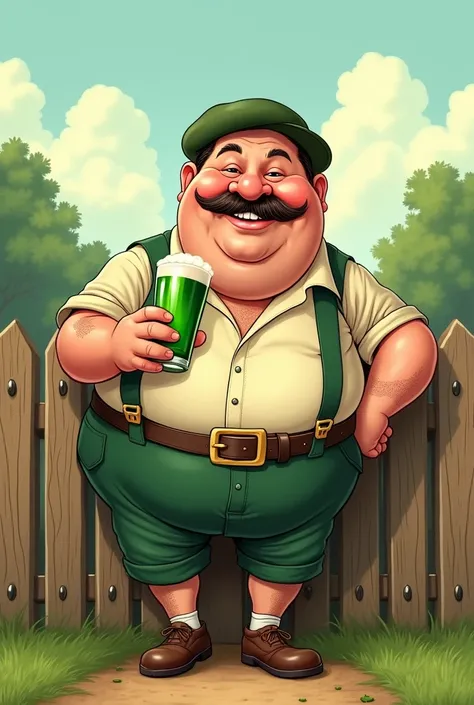 a short man with a belly, bald completely without hair, smiling with a mustache and beret, 
leaning one arm on a fence and holding a bottle of green beer in the other in drawing