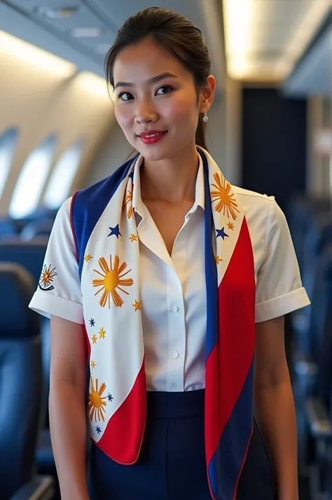 Can you make me a uniform of a flight attendant with an inspiration of the philippine flag. Make it original and creative way of designing of uniform
