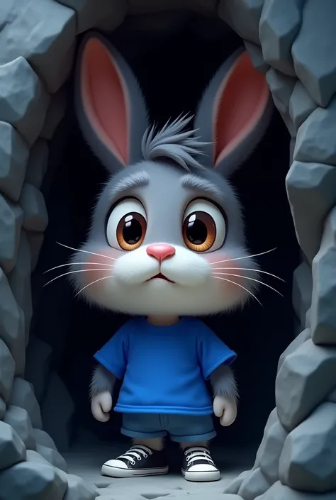 A cartoon cute Rabbit character with round face and beautiful eyes, wearing royal blue colour t-shirt and black sneakers, hiding inside a dark cave, with worried expression."

