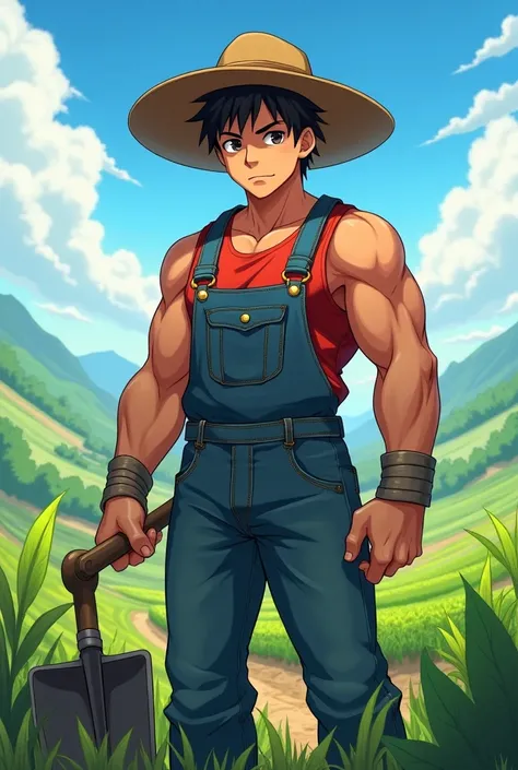 Create the image of a young farmer, with a farmers hat, MASCULINE, anime version drawing 