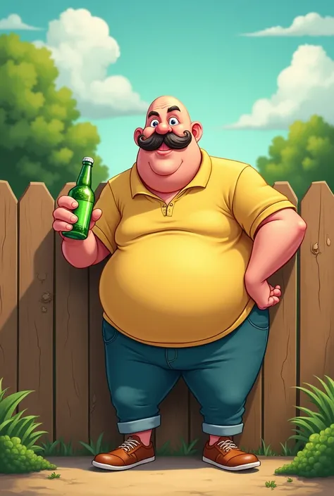 a short man with a belly, bald completely without hair, smiling man with a mustache leaning one arm on a fence and holding a bottle of green beer in the other in cartoon